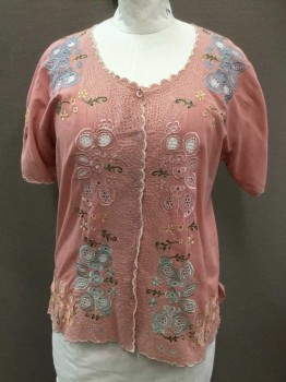 KIKE, Lt Pink, Cotton, Floral, Button Front, Short Sleeve, Floral Embroidery, White Scallopped Embroidered Scoop Neck/placket/Cuff,