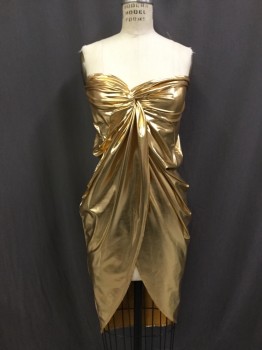 BLUE S, Gold, Spandex, Solid, Straples, High Low, Knot Bust, Body Contour, Split Front Opening From Bust to Hem
