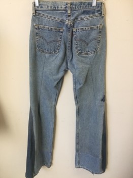 Womens, Jeans, LEVI'S, Lt Blue, Cotton, Acid Wash, Novelty Pattern, In36, W27, Button Fly, Patches, Additional Pockets in Front, Addition to Make Bell-bottoms, "Homemade" Hippie