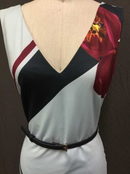 Womens, Dress, Sleeveless, TED BAKER, Baby Blue, Plum Purple, Brown, Yellow, Pink, Polyester, Floral, Stripes - Diagonal , S, V-neck, V-back, Baby Blue Lining, Sleeveless, Gold Zip Back, Split Back Center Hem, Waist Side Belt Hoops with Detached BELT:  Thin Navy Leather, Gold Connected Bar  "Ted Baker" in the Back, and Small Gold Square Buckle