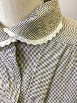 N/L, Gray, Cotton, Check - Micro , L/S, Hook & Eyes at Front, Peter Pan Collar with White Scallopped Lace, 2" Wide Waistband, Self Ruffle at Knee Level, 2 Horizontal Tucks Near Hem,