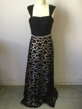 TERANI, Black, Champagne, Silk, Rhinestones, Dots, Solid, Black Solid Horizontal Pleated Top and Straps, Rhinestone Beaded Waistband, Champagne Silk Skirt with Black Mesh Overlay with Ribbon Swirled Dots, Floor Length Hem, Back Zip