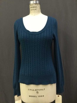 Womens, Pullover, AQUA, Teal Blue, Cashmere, M, Scoop Neck, Cable Knit, Long Sleeves, Charchoal Elbow Patches