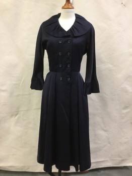 N/L, Navy Blue, Silk, Solid, Hostess Dress, Double Breasted, Draped Long Sleeves with Ruffle Cuffs, 2 Pockets, Pleated Shawl Lapel, Shirtwaist, Little Wear on Collar