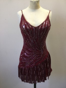 SUE WONG, Wine Red, Silk, Sequins, Solid, Silk Chiffon with Sunburst Shaped Sequin Pattern. Self Tassled Skirt with Sequins All Over. V. Neck, Skinny Straps, Scoop Open Back, Bias Cut