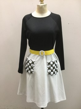 HERMAN MARCUS, Black, White, Yellow, Polyester, Solid, Floral, Polyester Knit. Black Upper, Crew Neck with Long Sleeves, White Poly Knit Aline Skirt with 2 Patch Pockets with Black & Yellow Floral Lace. Yellow Poly Ribbon Belt with White Plastic Buckle, Zipper Center Back,