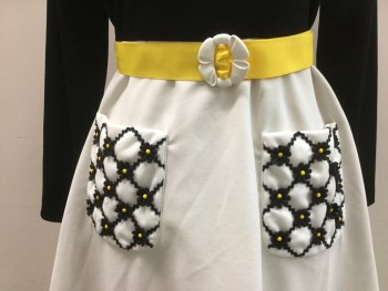 HERMAN MARCUS, Black, White, Yellow, Polyester, Solid, Floral, Polyester Knit. Black Upper, Crew Neck with Long Sleeves, White Poly Knit Aline Skirt with 2 Patch Pockets with Black & Yellow Floral Lace. Yellow Poly Ribbon Belt with White Plastic Buckle, Zipper Center Back,