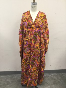 MTO, Brown, Orange, Green, Purple, Red, Polyester, Floral, Paint Splatter, Repro, Surplice Top, Empire Front Waist, Gathered at Front Waistband, Wing Sleeves, Armholes, Center Back Seam