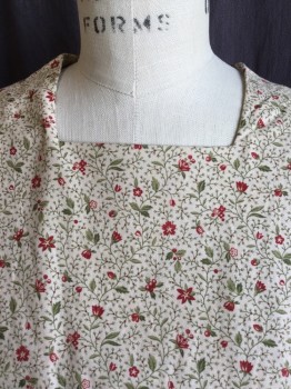 REVAMP, Beige, Dk Red, Olive Green, Cotton, Polyester, Floral, Leaves/Vines , 3/4 Length, Small Square Neck, with Bib/pinafore Front, Elastic Waist &  Small Puffy Long Sleeves Hem, Self Detached Belt, Zip Back,