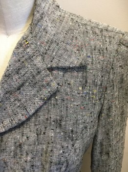 Womens, 1950s Vintage, Suit, Jacket, COSTUME CO-OP, Gray, Black, Red, Green, Wool, Silk, Mottled, B 32, 4, Gray with Mottled Colors, Single Breasted, Button Front, Collar Attached, Notched Lapel, 2 Faux Flap Pockets, Long Sleeves