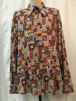 NO LABEL, Beige, Brown, Mustard Yellow, Red, Blue, Synthetic, Wool, Check , Novelty Pattern, Button Front, L/S, C.A.,