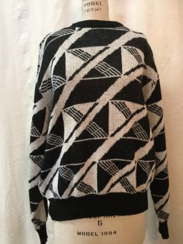 Womens, Sweater, CAPUCCI CREATIONS, Black, White, Acrylic, Abstract , L, Crew Neck, Black Trim