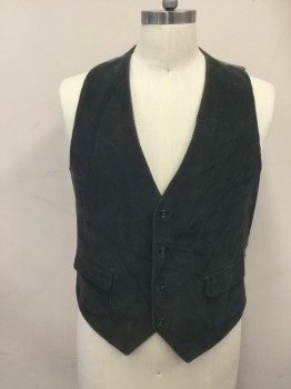 Mens, Vest, N/L, Forest Green, Cotton, Polyester, Solid, Grid , 40, Corduroy Front, 4 Buttons, 2 Flap Pockets, Light Green with Orange/Green Grid Polyester Satin Back with Self Attached Belt