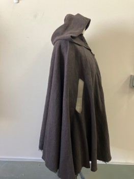 Unisex, Sci-Fi/Fantasy Cape/Cloak, N/L MTO, Dk Brown, Cotton, Suede, Solid, O/S, Homespun, Open at Center Front with Double Frog Closure, Hooded, Arm Holes, Dark Brown Suede InteriorTies, Unfinished Frayed Edges, **Has a Double See FC041257