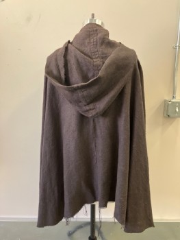 Unisex, Sci-Fi/Fantasy Cape/Cloak, N/L MTO, Dk Brown, Cotton, Suede, Solid, O/S, Homespun, Open at Center Front with Double Frog Closure, Hooded, Arm Holes, Dark Brown Suede InteriorTies, Unfinished Frayed Edges, **Has a Double See FC041257