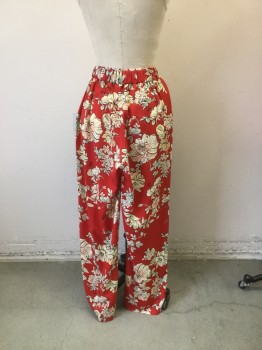 Womens, Suit, Pants, ZARA , Red, Cream, Coral Orange, Aqua Blue, Black, Polyester, Floral, W 26, S, Pull on, Elastic Back Waist, Flat Front, 3 Pockets, Flared,