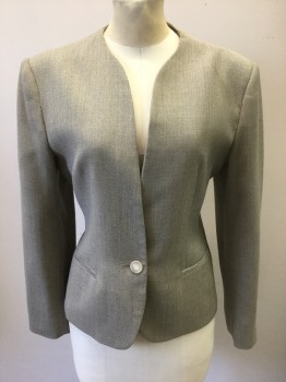 Womens, Suit, Jacket, CINTAS, Taupe, Gray, Wool, Speckled, 6, Taupe with Gray Specks, Long Sleeves, 1 Beige Plastic Button, No Lapel, 2 Welt Pockets, Solid Beige Lining