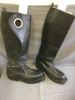 Mens, Sci-Fi/Fantasy Boots , MTO, Black, Leather, Solid, 12, Black Leather Knee Hi Pull On, Large Silver Grommet, Cut Heel