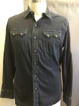 Mens, Western, RALPH LAUREN, Black, Cotton, Solid, XL, Collar Attached, Black Square Snap Front, Long Sleeves, Pocket Flaps