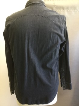 RALPH LAUREN, Black, Cotton, Solid, Collar Attached, Black Square Snap Front, Long Sleeves, Pocket Flaps