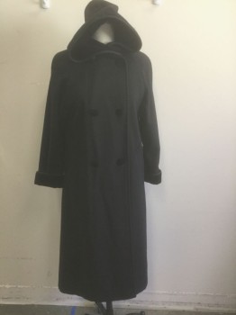 Womens, Coat, HALSTON LIFESTYLE, Black, Wool, Solid, Sz 6, L, B 42, Felted Wool with Velvet Covered Buttons and Lining on Hood, Double Breasted, Raglan Sleeves, Cording Trim at Hood, Cuffs, 2 Pockets, Ankle Length, Padded Shoulders