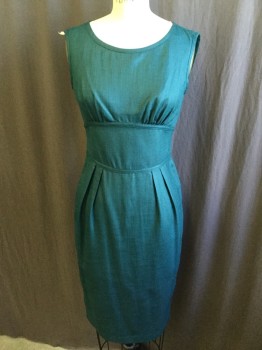 TWELFTH STREET (CV), Teal Green, Silk, Linen, Solid, Teal Green Lining, Round Neck,  Sleeveless, Gathered Empire Bodice, Zip Back, with Split Center Back Hem