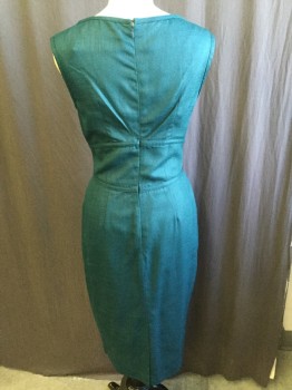 TWELFTH STREET (CV), Teal Green, Silk, Linen, Solid, Teal Green Lining, Round Neck,  Sleeveless, Gathered Empire Bodice, Zip Back, with Split Center Back Hem