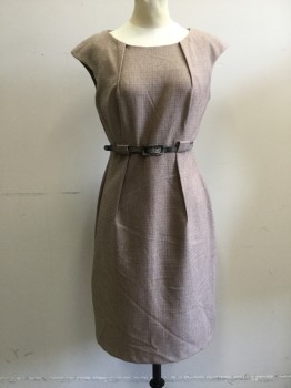 Womens, Dress, Sleeveless, CONNECTED, Lt Brown, Polyester, Rayon, Heathered, 6, Textured Weave, Scoop Neck, Pleated at Collar, Pleated at Waist, Cap Sleeve, Knee Length, Belt Loops, with Snakeskin Skinny Belt, Zip Back