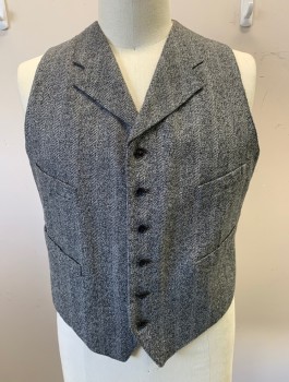 Mens, 1920s Vintage, Suit, Vest, SIAM COSTUMES MTO, Gray, Charcoal Gray, Wool, Speckled, 44, Alternating Heather And Wide Woven Stripes, 6 Buttons, Notched Lapel, 4 Welt Pockets, Ecru Pinstripe Lining, Solid Gray Back, Belted Back Waist,
