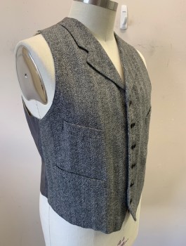 Mens, 1920s Vintage, Suit, Vest, SIAM COSTUMES MTO, Gray, Charcoal Gray, Wool, Speckled, 44, Alternating Heather And Wide Woven Stripes, 6 Buttons, Notched Lapel, 4 Welt Pockets, Ecru Pinstripe Lining, Solid Gray Back, Belted Back Waist,