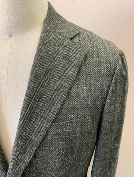 Mens, Sportcoat/Blazer, E. THOMAS, Charcoal Gray, White, Wool, Silk, Tweed, Herringbone, 42R, Single Breasted, Collar Attached, Notched Lapel, 3 Pockets, 2 Buttons