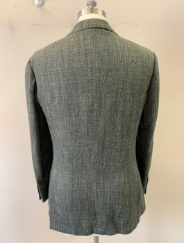 Mens, Sportcoat/Blazer, E. THOMAS, Charcoal Gray, White, Wool, Silk, Tweed, Herringbone, 42R, Single Breasted, Collar Attached, Notched Lapel, 3 Pockets, 2 Buttons