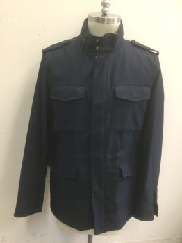 BANANA REPUBLIC, Navy Blue, Cotton, Nylon, Solid, Twill, Hidden Zip and Snap Front, Stand Collar, Epaulets at Shoulders, 4 Pockets, Khaki Lining