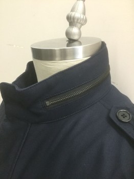 BANANA REPUBLIC, Navy Blue, Cotton, Nylon, Solid, Twill, Hidden Zip and Snap Front, Stand Collar, Epaulets at Shoulders, 4 Pockets, Khaki Lining