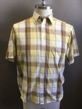 AMERICAN EDITION, Lemon Yellow, Brown, Black, Poly/Cotton, Plaid, Button Front, Collar Attached, Short Sleeves, 1 Pocket