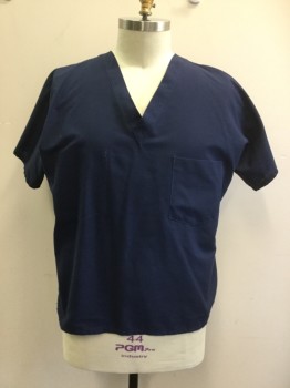 LANDAU, Navy Blue, Poly/Cotton, Solid, V-neck, Dolman Short Sleeves, 1 Pocket