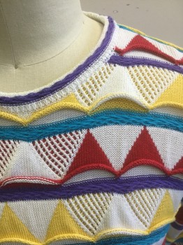 COOGI, Multi-color, White, Red, Yellow, Turquoise Blue, Cotton, Geometric, Triangles, Textured Stripes, Long Sleeves, Pullover, Crew Neck, Authentic Coogi Label "Cosby" Sweater,
