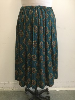 Womens, 1980s Vintage, Suit, Skirt, JEFFREY & DARA, Teal Green, Red, Gold, Blue, Yellow, Cotton, Floral, 30+, Elastic Waistband, Pleated, Calf Length
