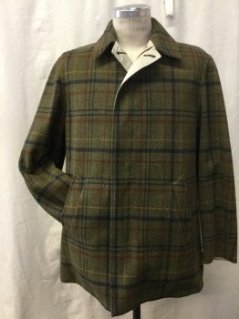 PENDELTON, Moss Green, Brown, Navy Blue, Mustard Yellow, Khaki Brown, Wool, Cotton, Plaid, Solid, REVERSABLE - Wool Plaid on One Side and Khaki Cotton on Other ( Barcode Located on Left Side Pocket of Khaki Cotton Side) Collar Attached, Hidden Zipper Front Closure, 2 Pockets on Both Sides  ( 4 in Total)