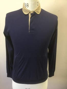 LE TIGRE, Navy Blue, Polyester, Cotton, Solid, Jersey, Beige Twill Rounded Collar, and Button Placket Lining, Snap Closures at Neck, Long Sleeves, Kangaroo Pocket at Front Waist