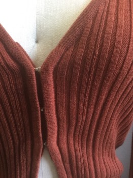 URBAN OUTFITTERS, Rust Orange, Cotton, Rayon, Solid, Ribbed Knit, Long Sleeves, Plunging V-neck, Hook & Eye Closures Down Center Front, Fitted, Slightly Cropped