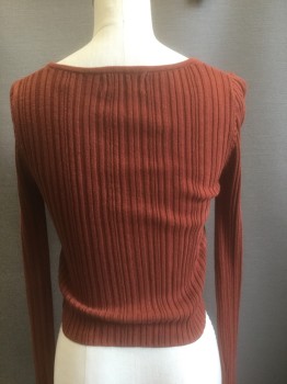 URBAN OUTFITTERS, Rust Orange, Cotton, Rayon, Solid, Ribbed Knit, Long Sleeves, Plunging V-neck, Hook & Eye Closures Down Center Front, Fitted, Slightly Cropped