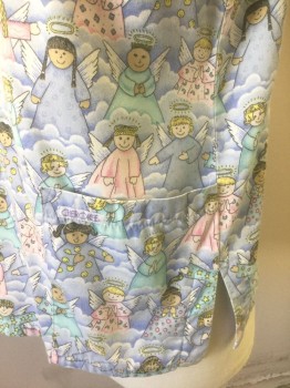 CHEROKEE, Multi-color, Periwinkle Blue, White, Lt Pink, Lt Blue, Poly/Cotton, Novelty Pattern, Human Figure, Pastel Praying Angels Pattern, Short Sleeves, V-neck, 2 Patch Pockets at Hips