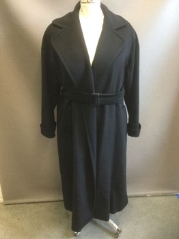 Womens, Coat, BILL BLASS, Black, Wool, Solid, B:44, Open at Center Front with No Buttons/Closures, Wide Notched Lapel, Padded Shoulders, 2 Pockets, Ankle Length, **With Matching Belt