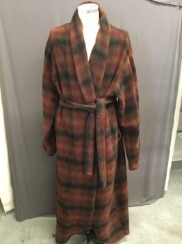 Mens, Robe, NL, Mustard Yellow, Red, Black, Brown, Wool, Plaid, L, Shawl Collar, Open Front with Detached Belt