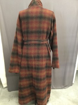 Mens, Robe, NL, Mustard Yellow, Red, Black, Brown, Wool, Plaid, L, Shawl Collar, Open Front with Detached Belt