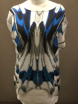 Womens, Top, LIMITED, Blue, White, Black, Gray, Polyester, Novelty Pattern, Solid, B 42, Abstract Butterfly Print Front, Solid Light Gray Back, Scoop Neck, Sleeveless, Hem Longer in Back