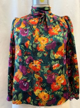 EVA LAUREL, Forest Green, Green, Goldenrod Yellow, Yellow, Red, Polyester, Floral, Mock Neck, Neck Tie Attached, Pleated Shoulders, High Shoulders, Button Back, Long Sleeves