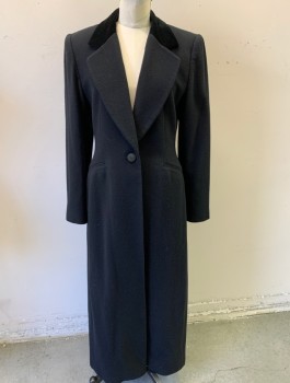 Womens, Coat, NO LABEL, Black, Synthetic, Wool, Solid, W 32, B 36, Velvet Panel on Notched Lapel, 1 Button, Padded Shoulders, High Vent in Back, Ankle Length,