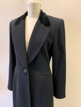 Womens, Coat, NO LABEL, Black, Synthetic, Wool, Solid, W 32, B 36, Velvet Panel on Notched Lapel, 1 Button, Padded Shoulders, High Vent in Back, Ankle Length,